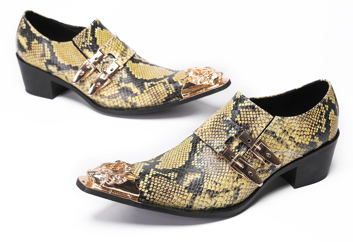 Mens Metal Pointed Toe Snakeskin Texture Monk Western Loafers