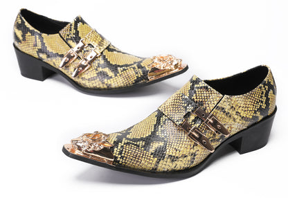 Mens Metal Pointed Toe Snakeskin Texture Monk Western Loafers