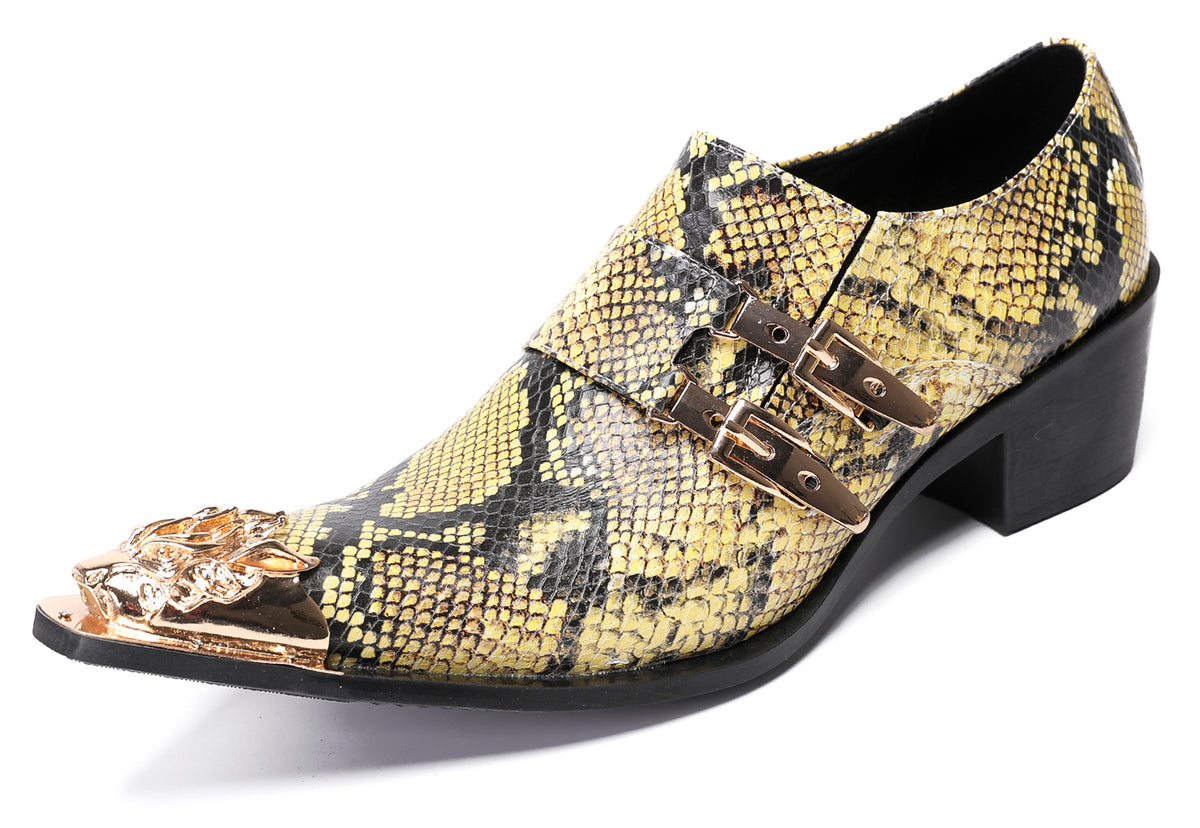 Mens Metal Pointed Toe Snakeskin Texture Monk Western Loafers