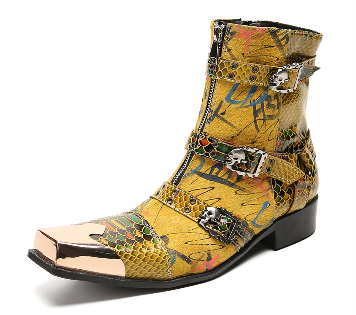 Mens Genuine Leather Dress Casual Metal Square Toe Buckles Cowboy Western Boots