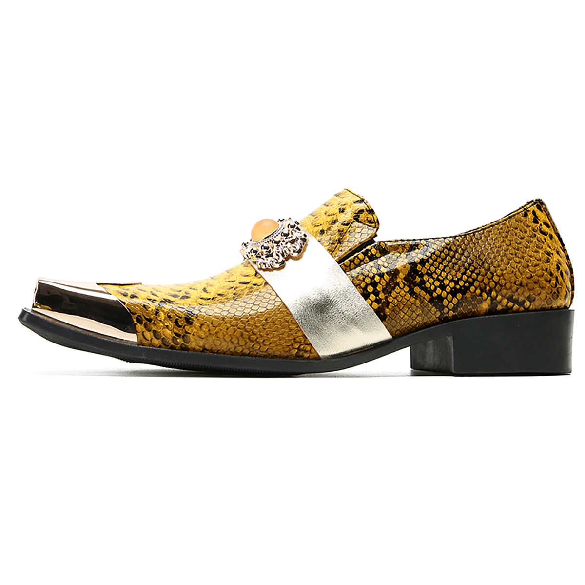 Mens Gold Metal Square Toe Genuine Leather Topaz Chain Snakeskin Texture Western Loafers