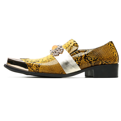 Mens Gold Metal Square Toe Genuine Leather Topaz Chain Snakeskin Texture Western Loafers