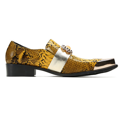 Mens Gold Metal Square Toe Genuine Leather Topaz Chain Snakeskin Texture Western Loafers