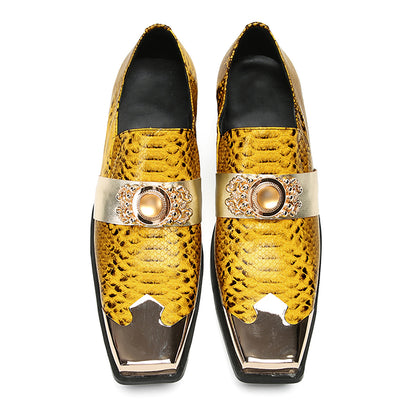 Mens Gold Metal Square Toe Genuine Leather Topaz Chain Snakeskin Texture Western Loafers
