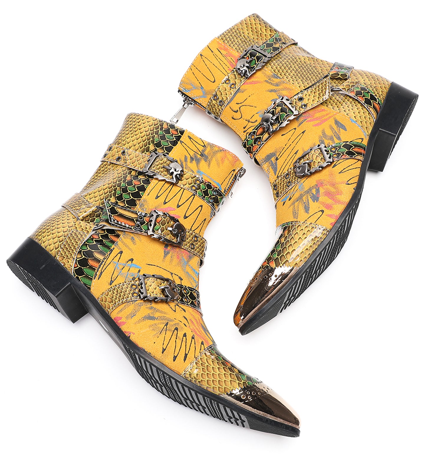 Mens Yellow Snake Print Gothic Punk Rock Skull Rivets Cowboy Western Boots