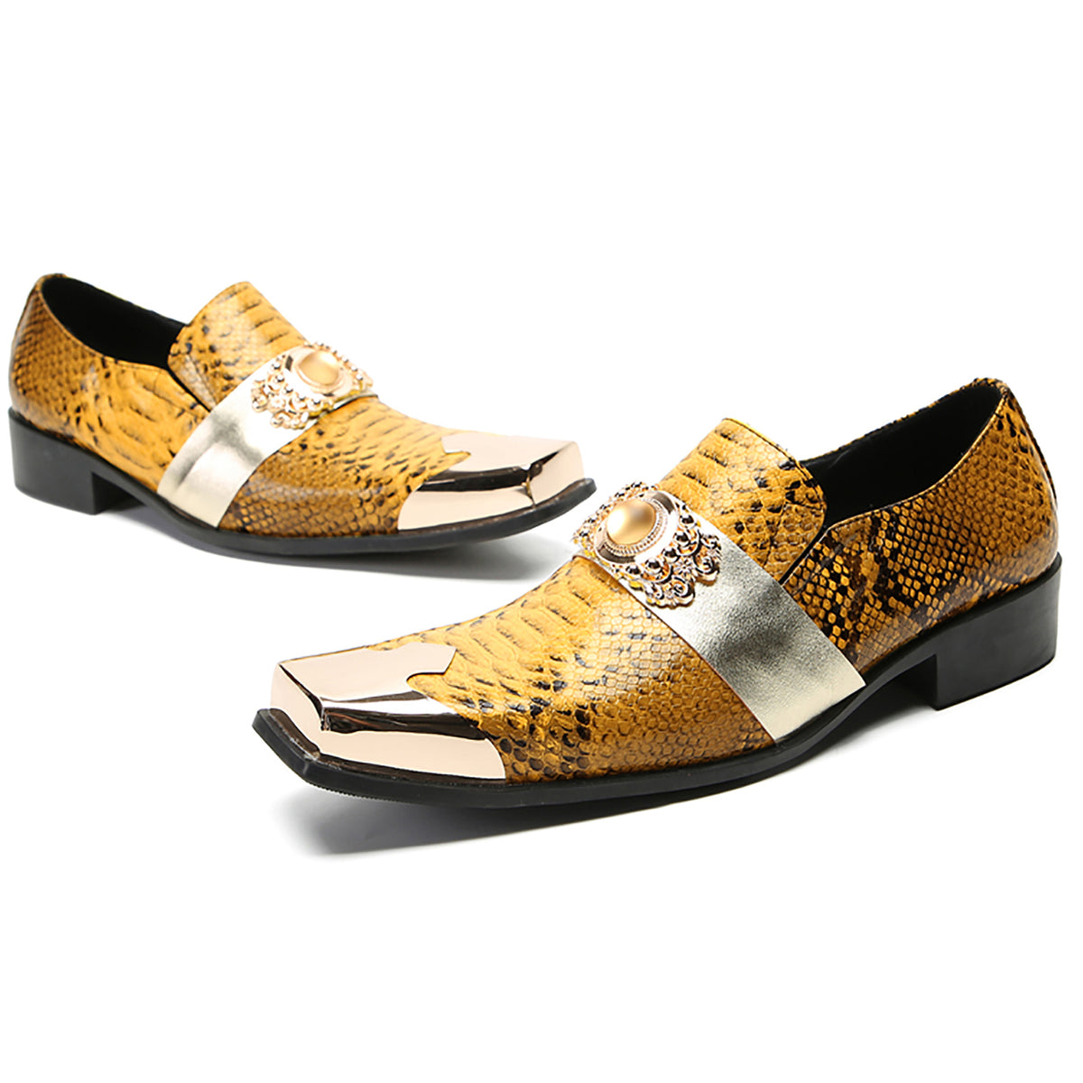 Mens Gold Metal Square Toe Genuine Leather Topaz Chain Snakeskin Texture Western Loafers