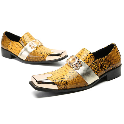 Mens Gold Metal Square Toe Genuine Leather Topaz Chain Snakeskin Texture Western Loafers