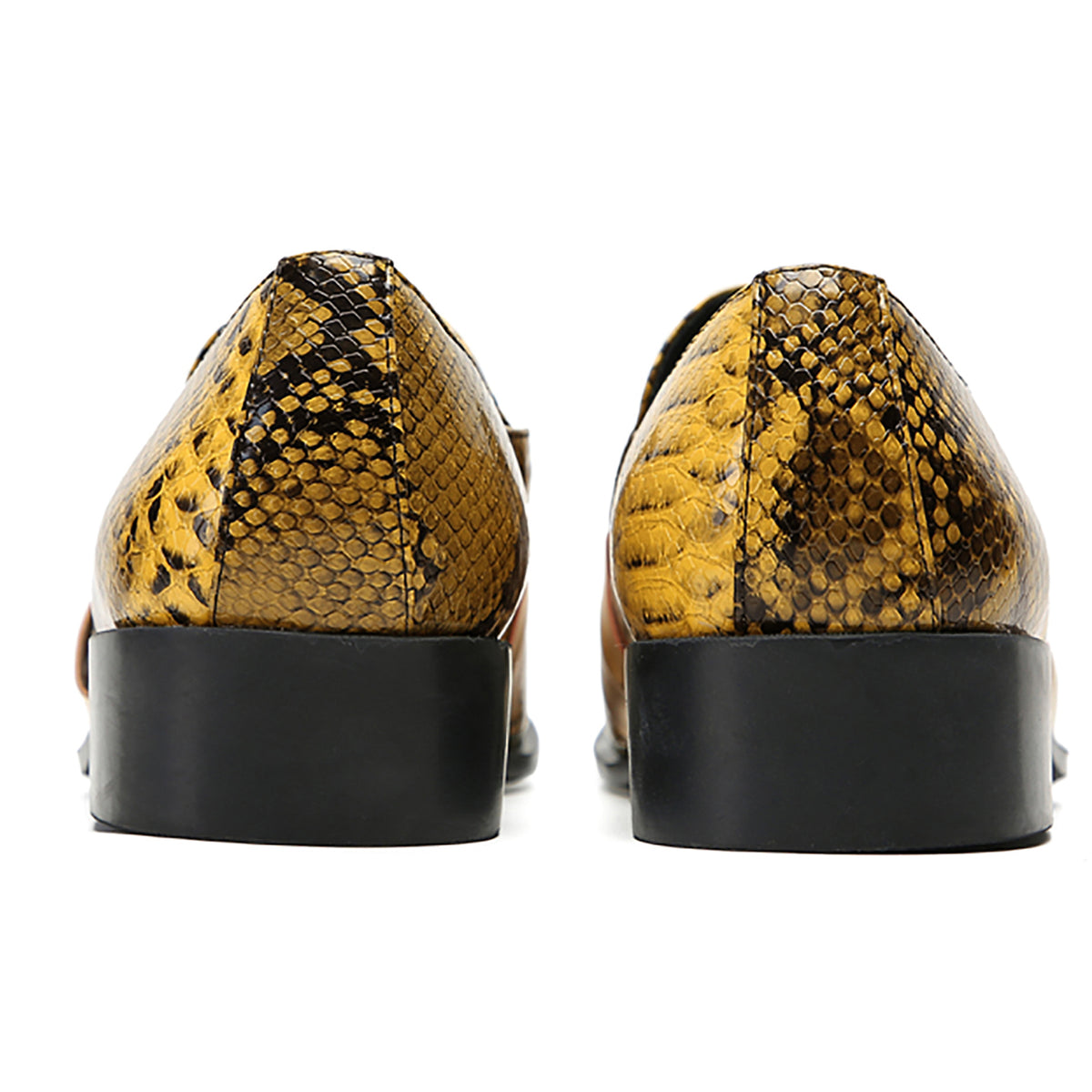 Mens Gold Metal Square Toe Genuine Leather Topaz Chain Snakeskin Texture Western Loafers