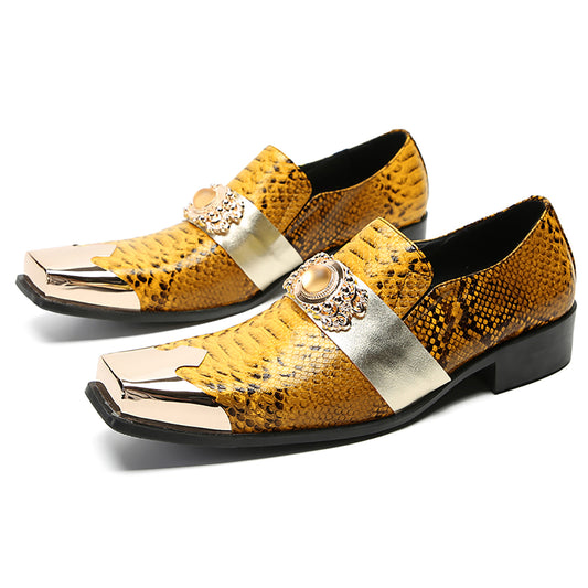 Mens Gold Metal Square Toe Genuine Leather Topaz Chain Snakeskin Texture Western Loafers