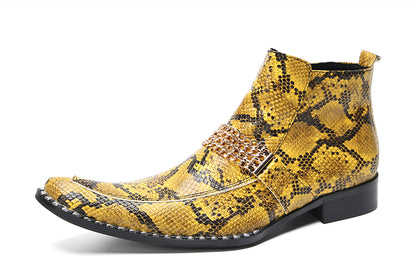 Mens Yellow Snake Print Leather Chain Detail Zipper Bar Ankle Boots