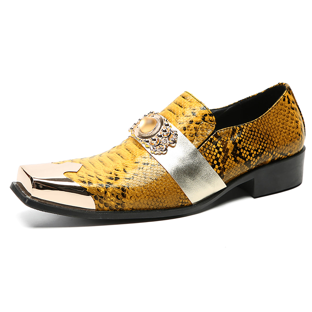 Mens Gold Metal Square Toe Genuine Leather Topaz Chain Snakeskin Texture Western Loafers
