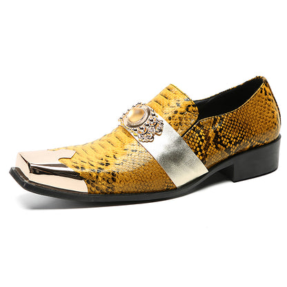 Mens Gold Metal Square Toe Genuine Leather Topaz Chain Snakeskin Texture Western Loafers